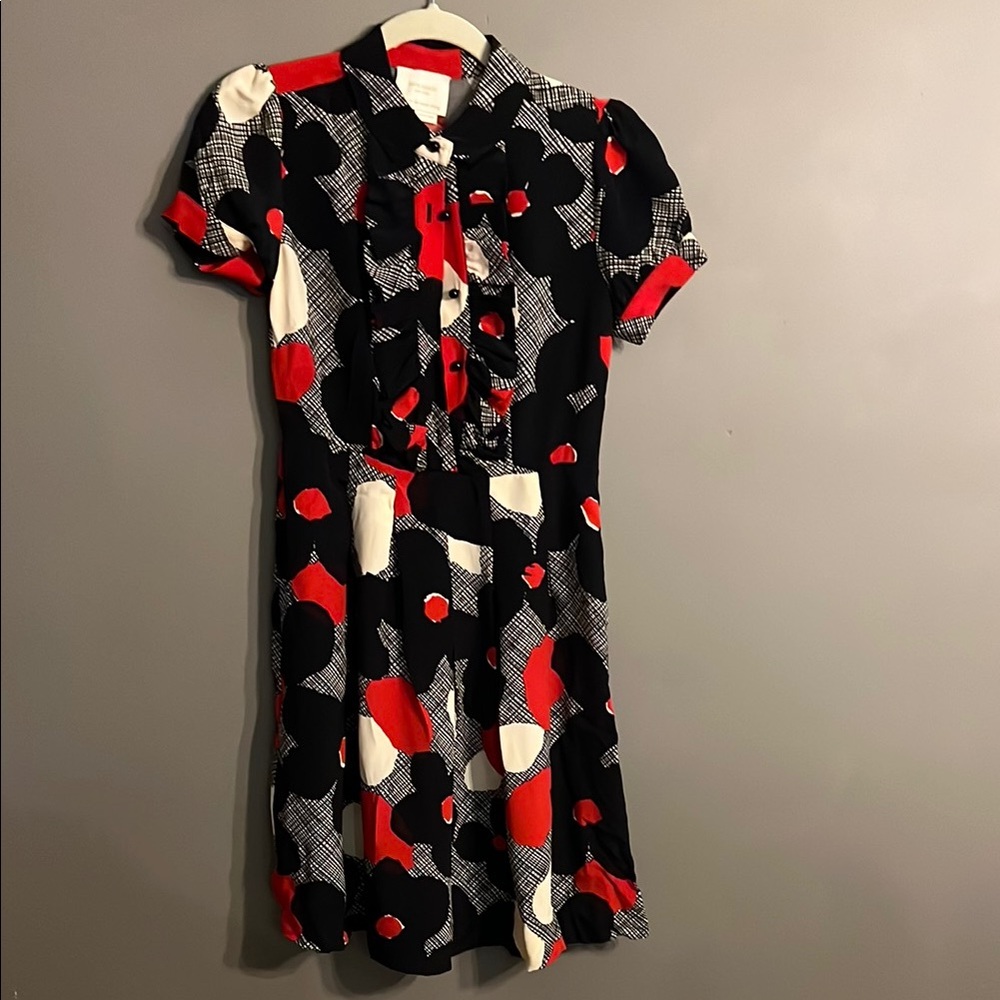 Kate Spade Nellie Poppy Black and White Puff Sleeve Midi Dress 100% Silk